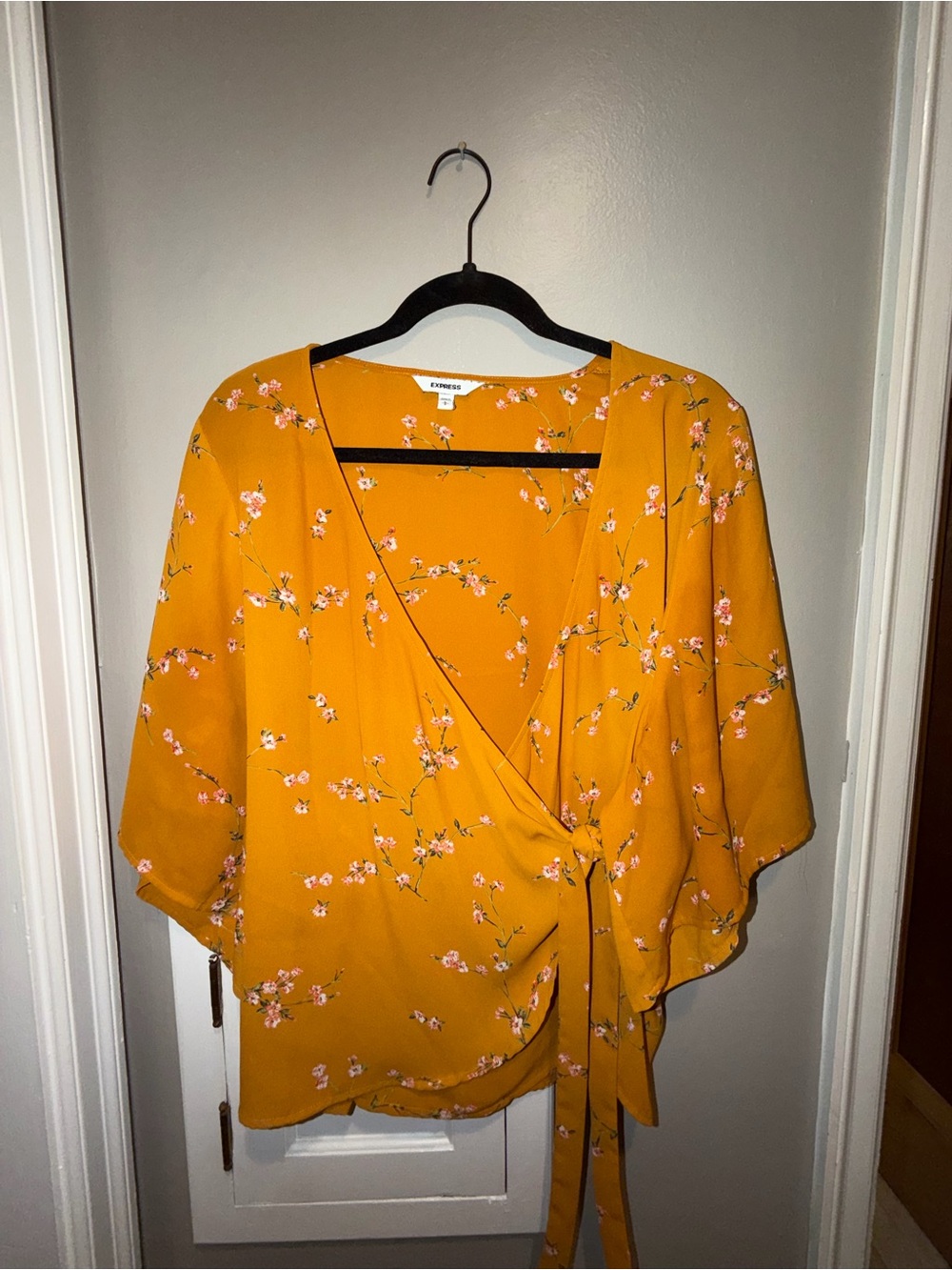 Express Mustard Floral Tie-Front Wrap Top